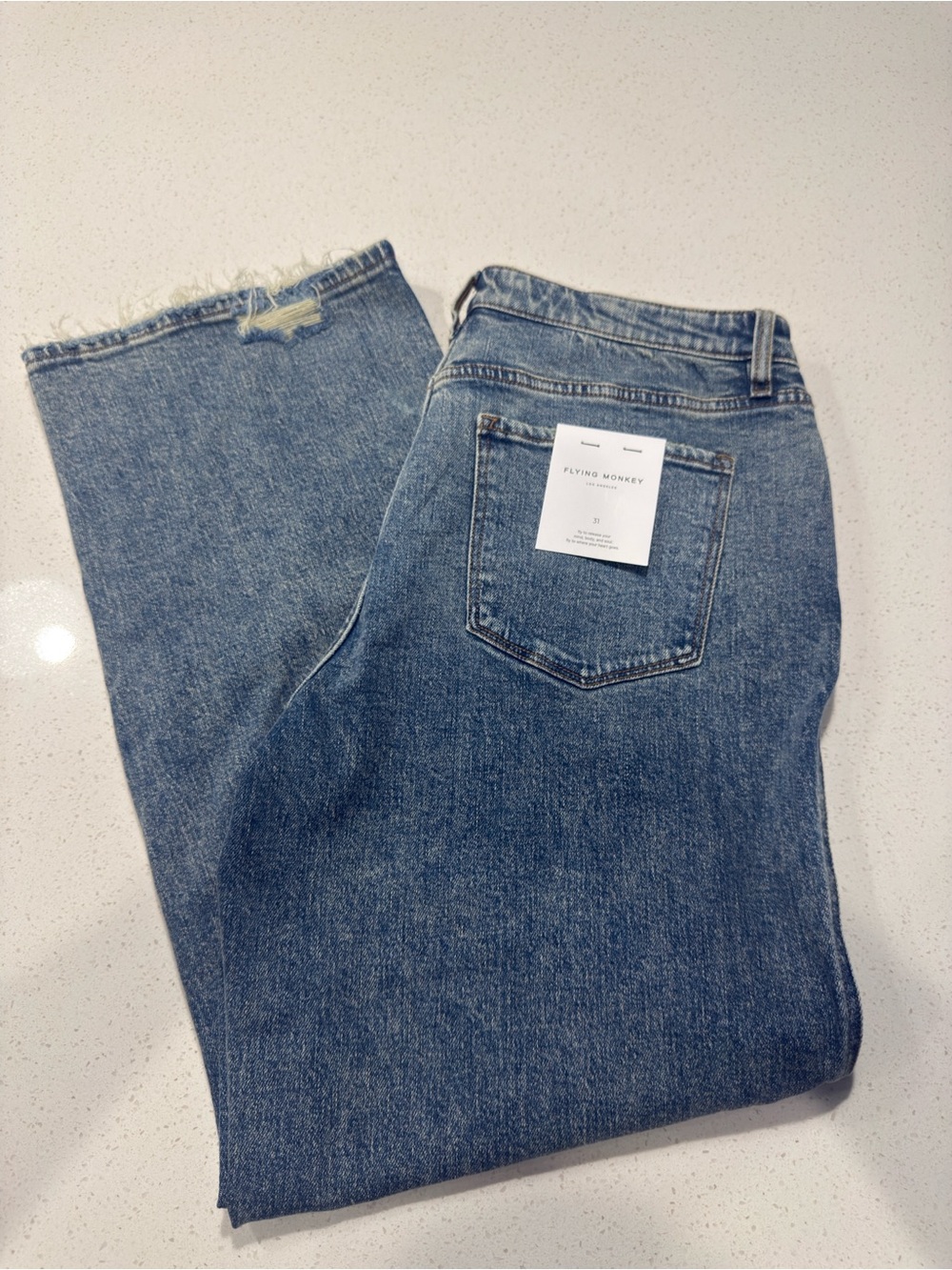 Flying Monkey Men's Medium Blue Straight Jeans with Raw Hem